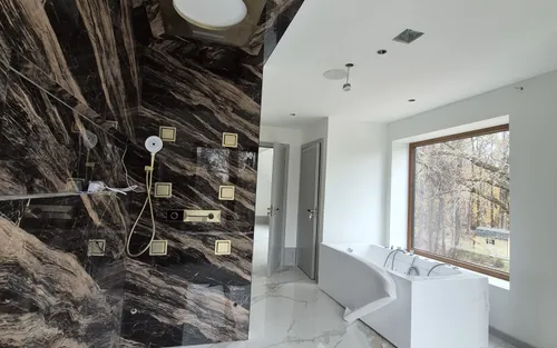 Luxury master bathroom — bookmatched marble shower wall, brass fixtures, freestanding smart-control tub